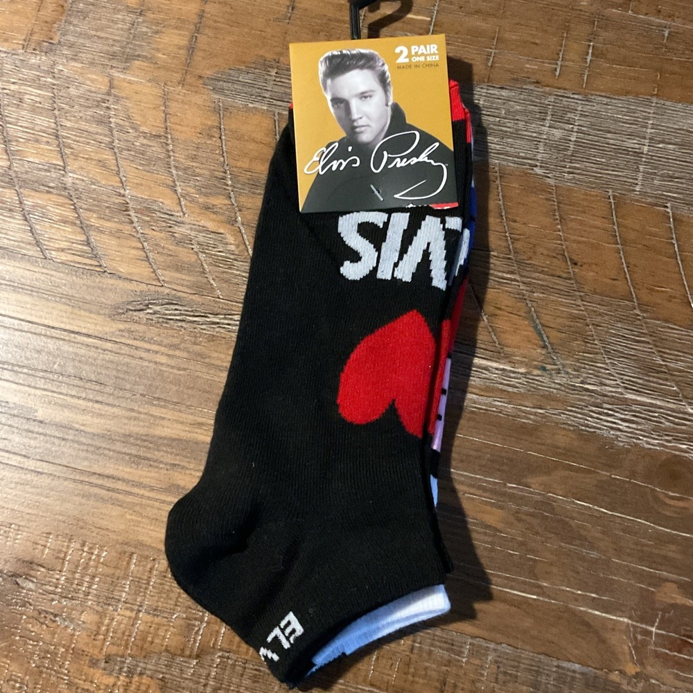 NEW Elvis Presley Mens 2 Pack Ankle Socks Black White Red Heart Logo Size 7-12